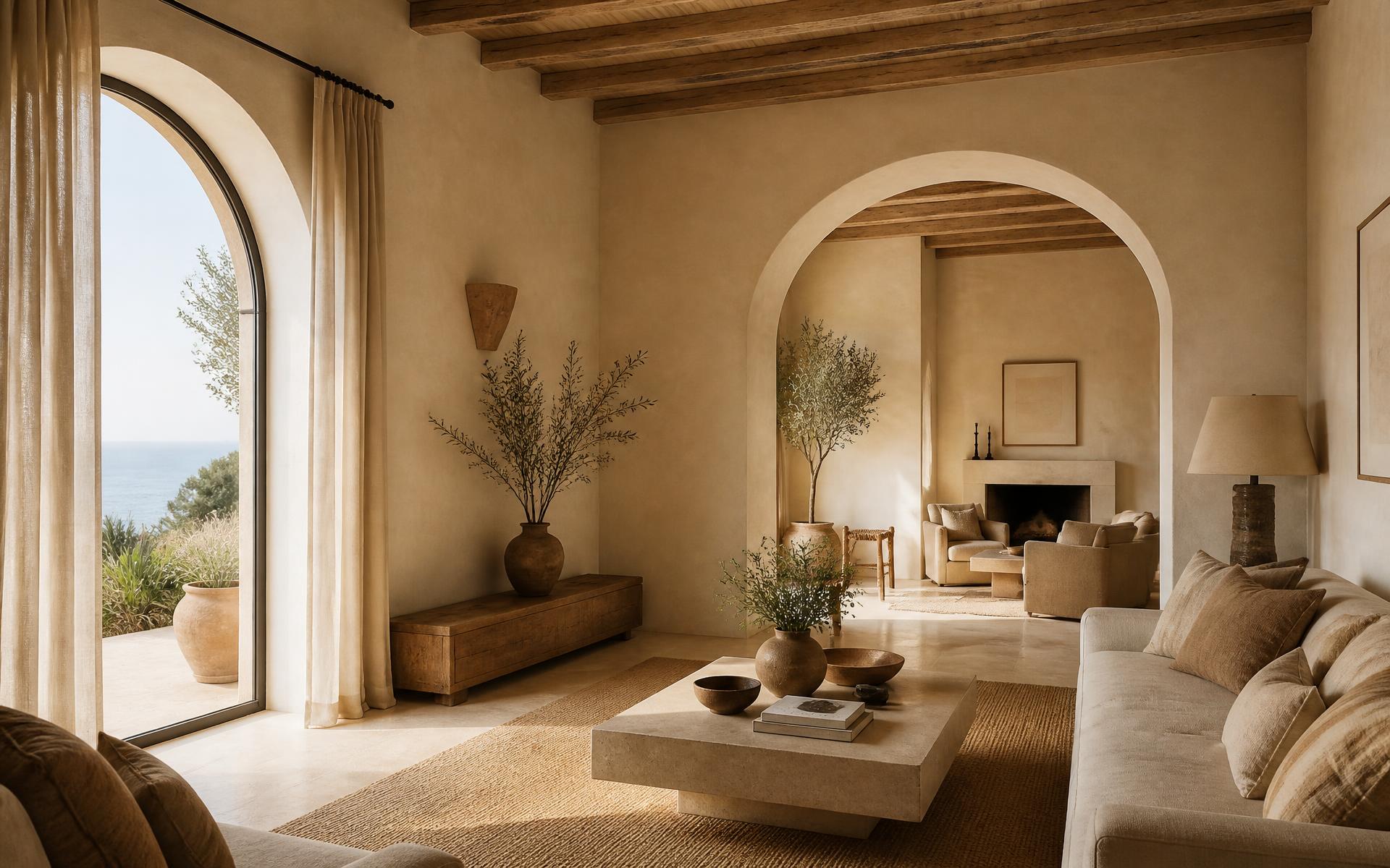 Intérieur méditerranéen haut de gamme aux tons crème et sable signé Vera Home Design